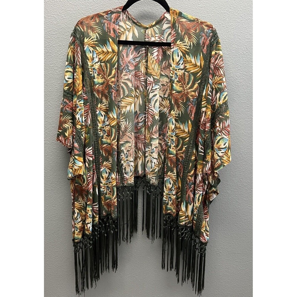 Women's Fringe Hem Open Front Kimono Cover Up Green Tropical Print Boho M